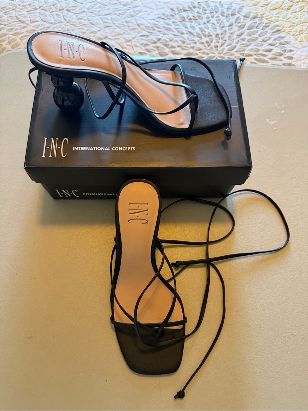 INC International Concepts Black Strappy Lace-Up Heeled Sandals